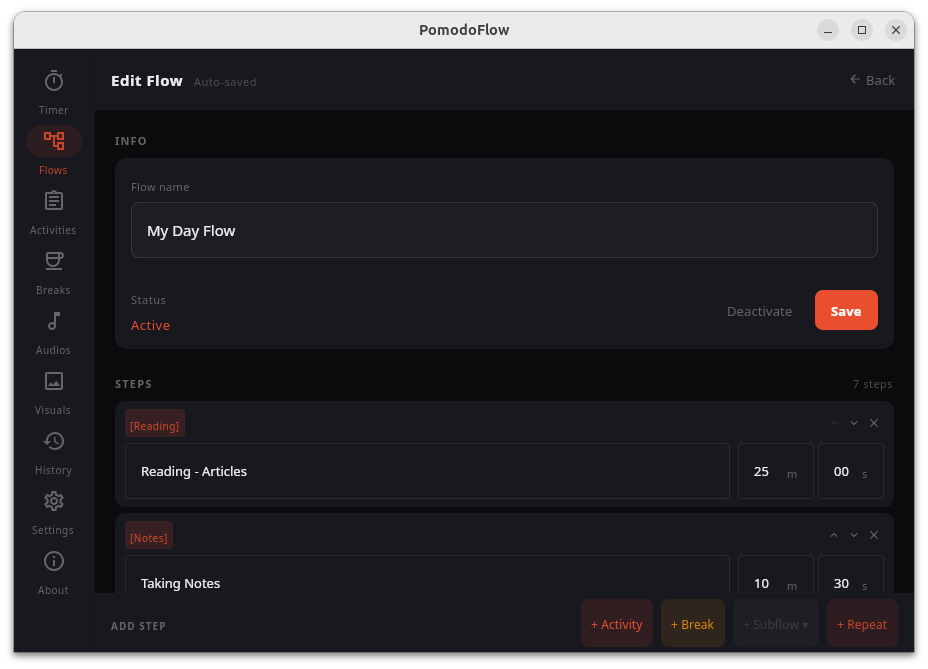 PomodoFlow flow editor with a multi-step focus routine