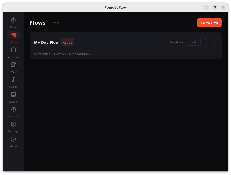 PomodoFlow flows screen showing the My Day Flow routine