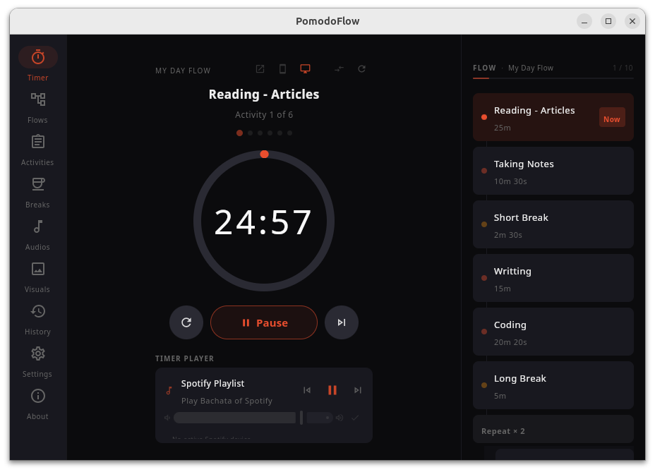 PomodoFlow with a running flow and the activity queue visible